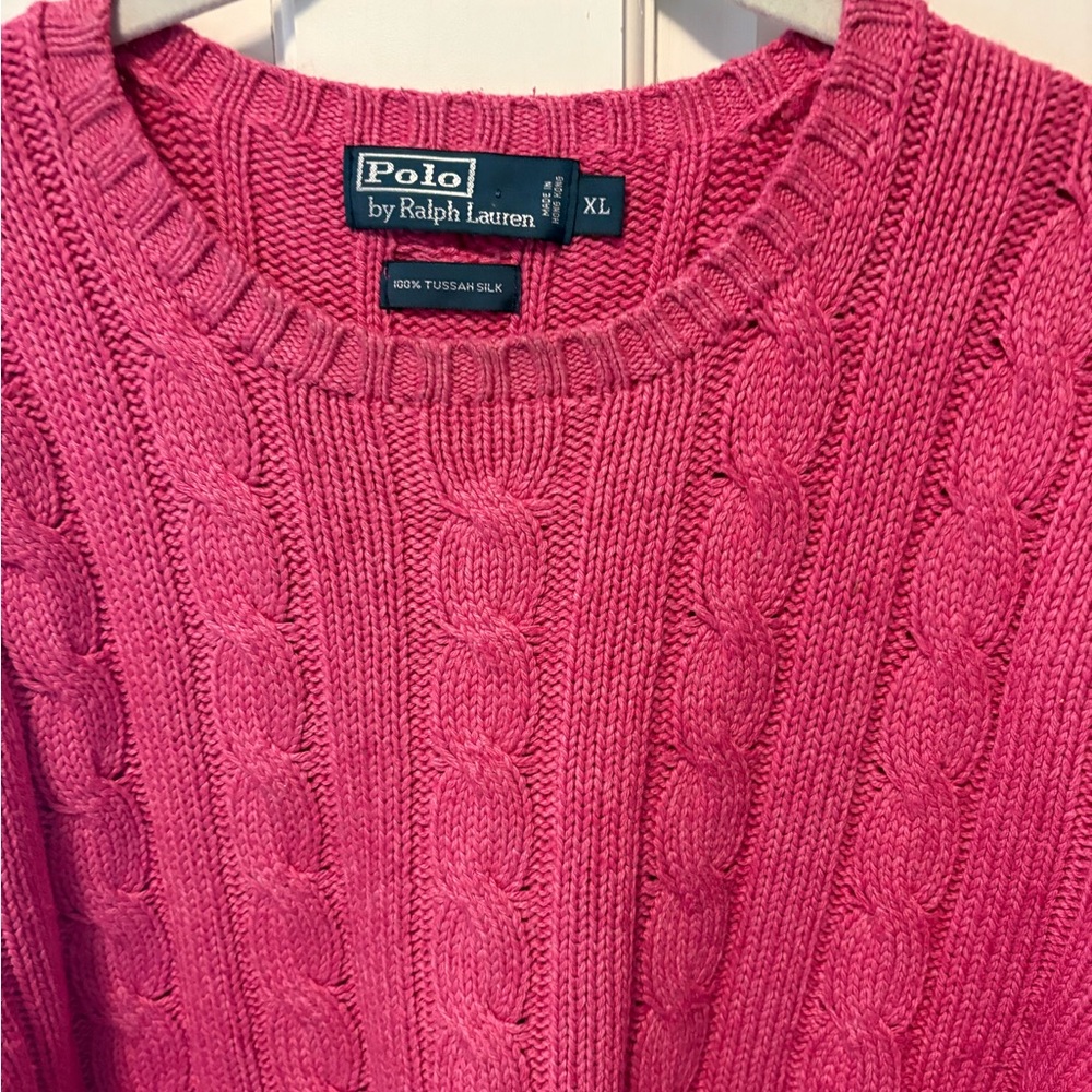 Polo by Ralph Lauren 100% tussah silk pink cableknit crew sweater men xl x-large - Picture 2 of 4
